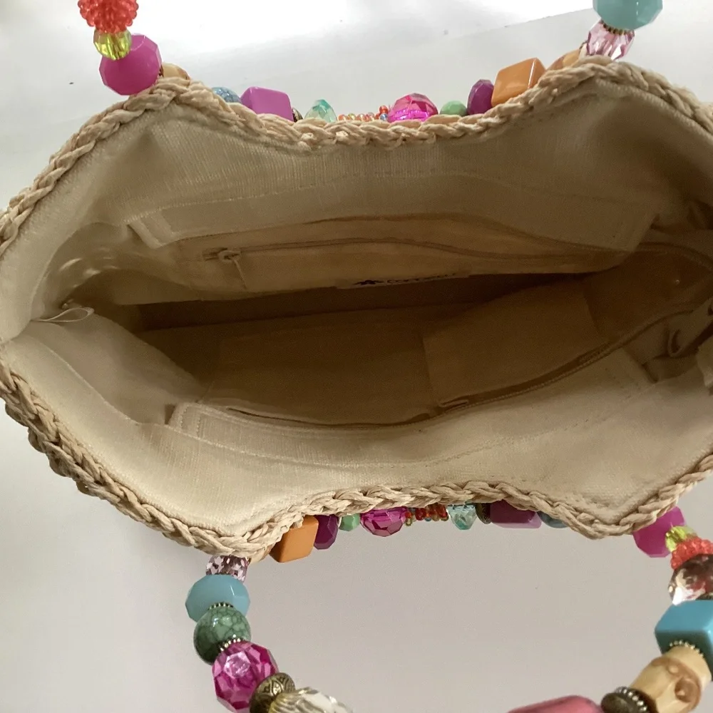 Cappelli Straworld Purse Handbag Round Beaded Jewel Handles Beige/Gold Lined - Picture 10 of 14